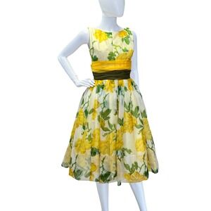 Vintage 1950s Fit Flare Floral Party Dress Sleeveless Bow Sheer Organza JS